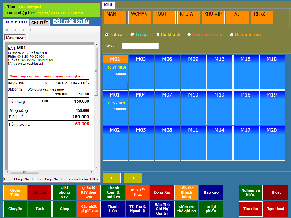 Tính năng chuyển phòng, tách bill, gộp bill